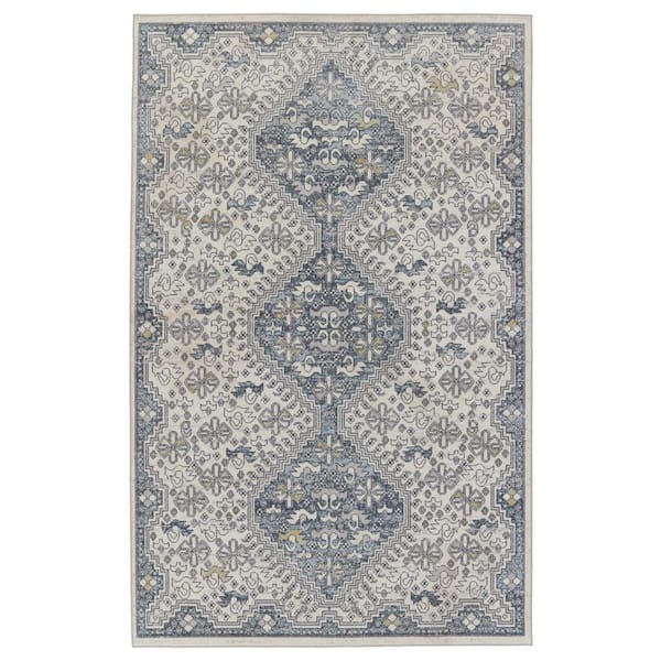 Jaipur Living Machine Washable Yucca Cream/Blue 6 ft. 7 in. x 9 ft. 6 in. Medallion  Area Rug