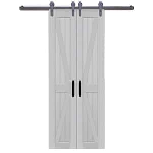 36 in. x 84 in. Board and Batten Composite PVC Silver Fox Split Sliding Barn Door with Hardware Kit