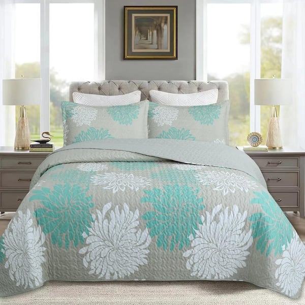 ME510 Grey Chrysanthemum Queen Size Polyester Quilt Set Lightweight Bedspread Set