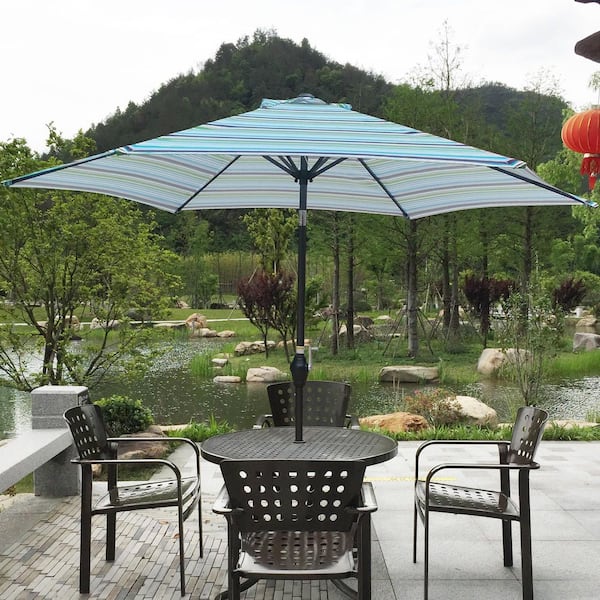 Coporesell 9 ft. Metal Patio Umbrella in Blue striped with Crank and Push Button Tilt
