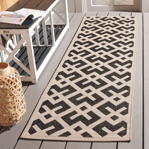 Courtyard Black/Beige 2 ft. x 14 ft. Geometric Indoor/Outdoor Patio  Runner Rug