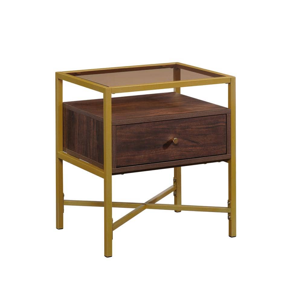 Harper Heights Luxe Walnut Side Table with Glass Top and Storage