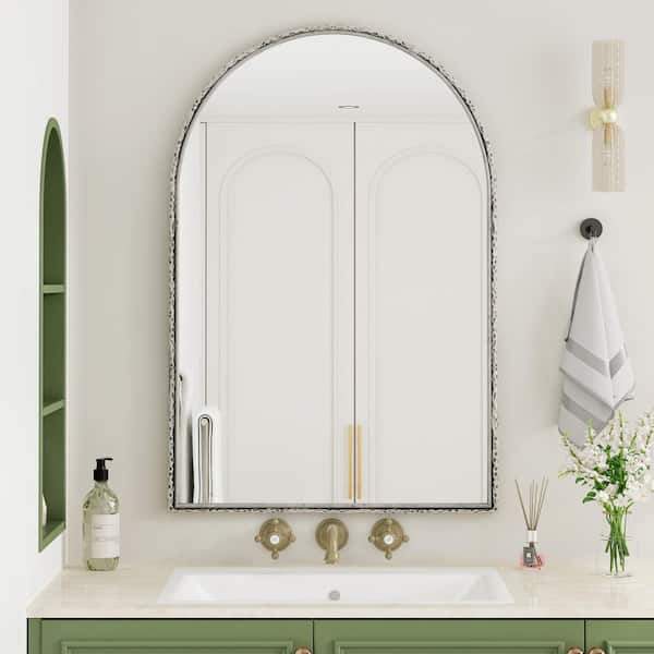 24 in. W x 36 in. H White Arched Framed Wall Bathroom Vanity Mirror