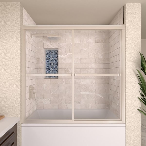 TaiMei 59 in. W x 56 in. H Sliding Framed Tub Door in Brushed Nickel Finish with Clear Tempered Glass
