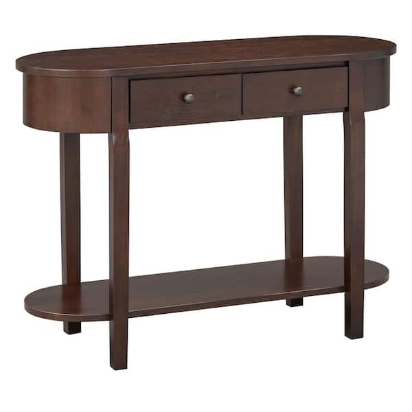 CSC DECOR INC 40 in. Espresso Rectangle Solid Wood Narrow Console Table with 2 Drawers & Open Shelf Curved Corner Entryway Sofa Table