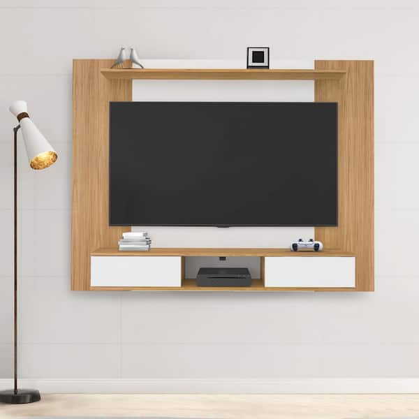 HOMESTOCK Natural Multi Storage Wall Media Center for 70 in. TVs, Floating Entertainment Centre with 2-Sliding Doors and Shelves