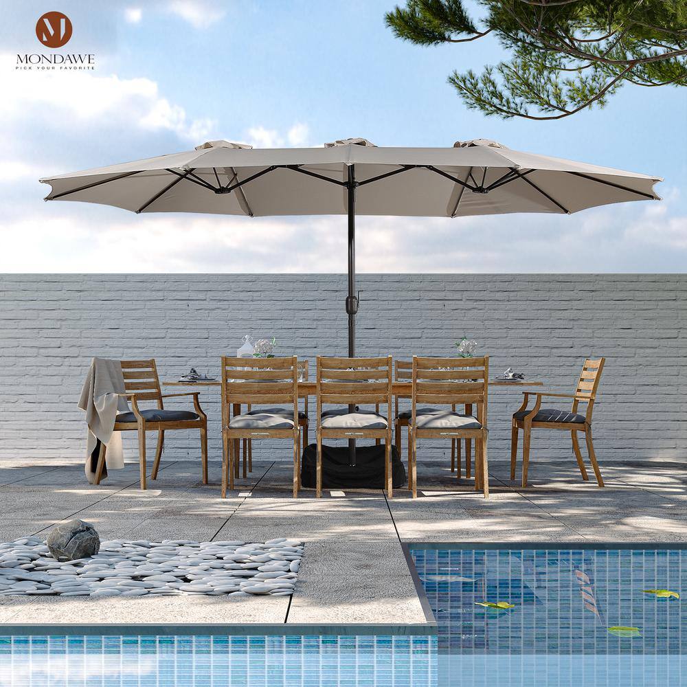 Beige 15-ft Steel Double-Sided Patio Umbrella with Base