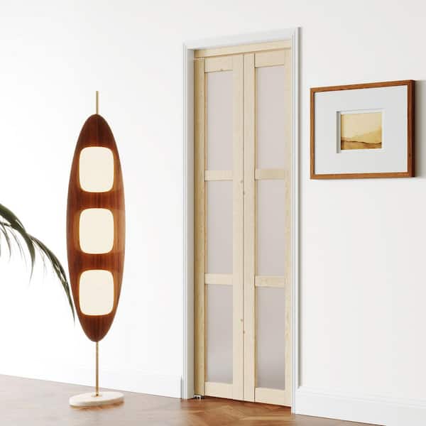30 in x 80 in, Frosted Glass, Solid Core, Light Brown, 3 Lite, MDF Wood, PVC Covering Bi-fold Doors with Hardware Kits