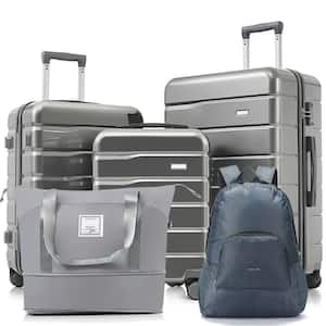 5-Piece Gray ABS Hardshell Spinner 20 in. 24 in. 28 in. Luggage Set with Expandable Duffel Bag, Foldable Backpack, Hooks