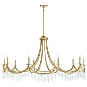 Kameron 60 in. W x 32 in. H 10-Light Warm Brass Chandelier with Curved Arms and Spiraling Crystals