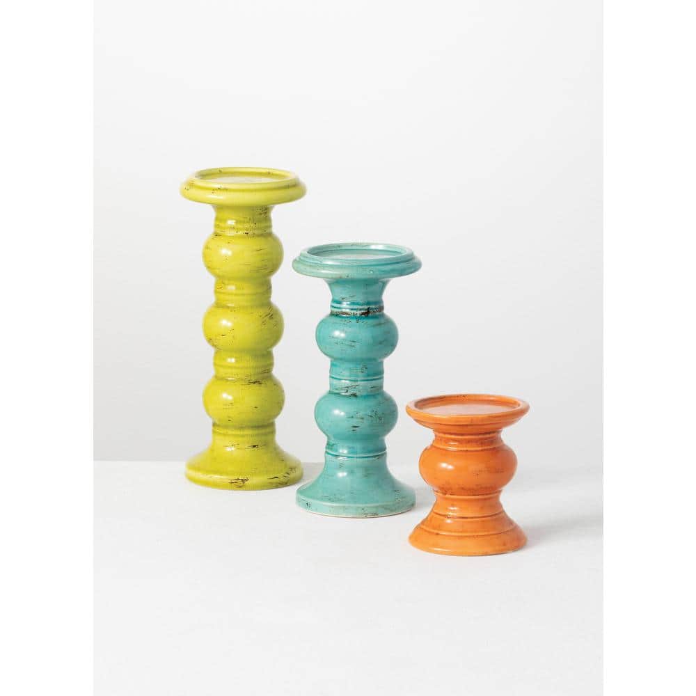 Colorful Ceramic Pillar Candle Holders with Bubble Stem, Set of Three