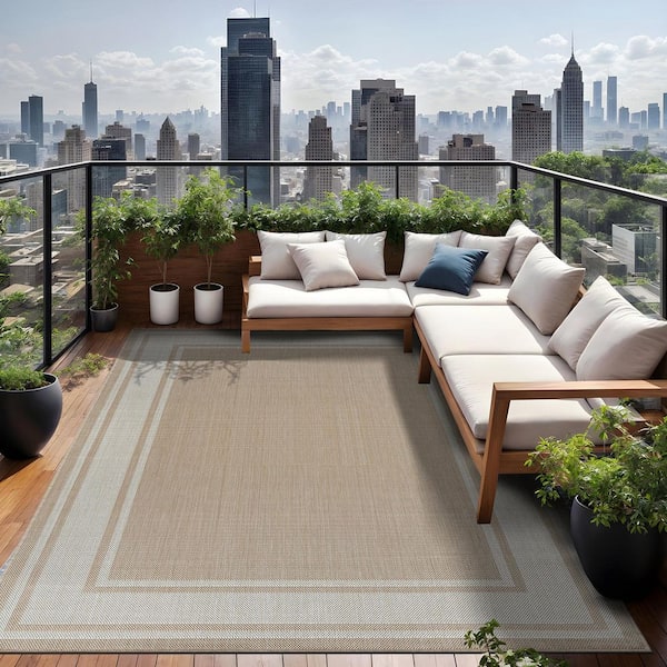 Essence Beige/White 10 x 14 ft. Bordered Easy to Clean Indoor Outdoor Area Rug