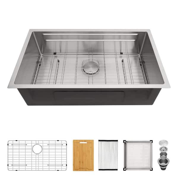 33 in. Undermount Single Bowl 16-Gauge Stainless Steel Dual/Two Tier Ledge Workstation Kitchen Sink with Bottom Grid