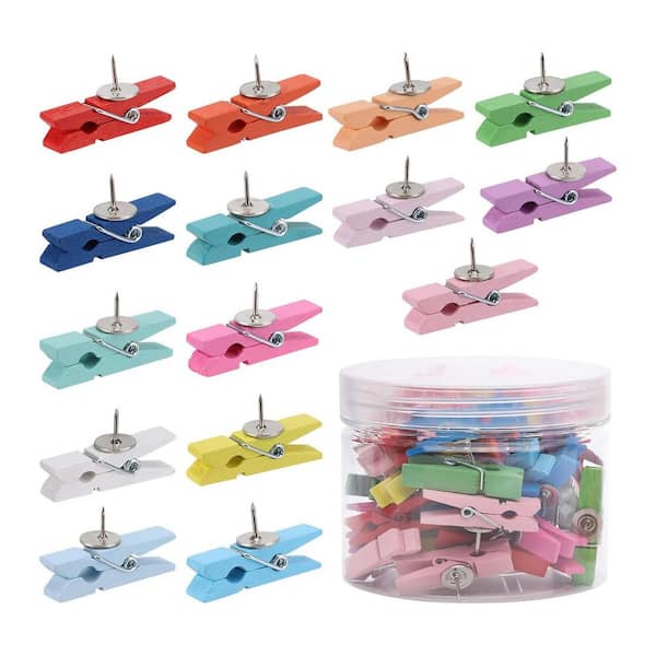 50 Pack Colorful Wooden Clips Push Pins for Arts Crafts Projects Cork Board Damage-Free Display Photo Supplies