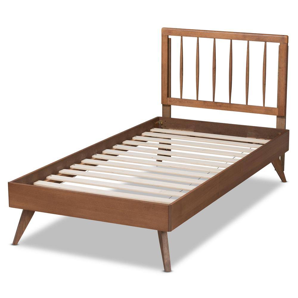 Ash Walnut Twin Wood Frame Bed with Spindle Headboard