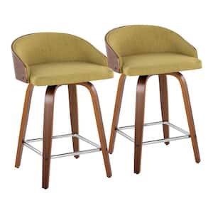 Shiraz 24 in. Green Fabric, Walnut Wood and Chrome Metal Fixed-Height Counter Stool (Set of 2)