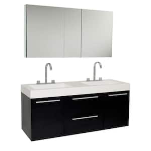 Opulento 54 in. Double Vanity in Black with Acrylic Vanity Top in White with White Basins and Mirrored Medicine Cabinet