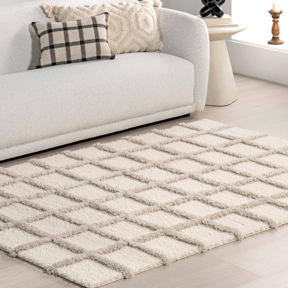 Beige and Gray Checkered Synthetic Shag Area Rug, 4' x 6'