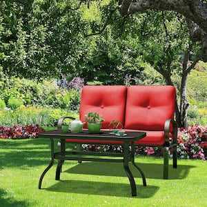 2-Piece Metal Outdoor Patio Fabric Loveseat and Table Set Outdoor Furniture Set Yard Garden with Red Cushion