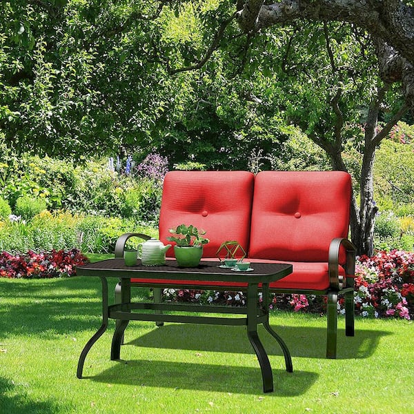 2-Piece Metal Outdoor Patio Fabric Loveseat and Table Set Outdoor Furniture Set Yard Garden with Red Cushion