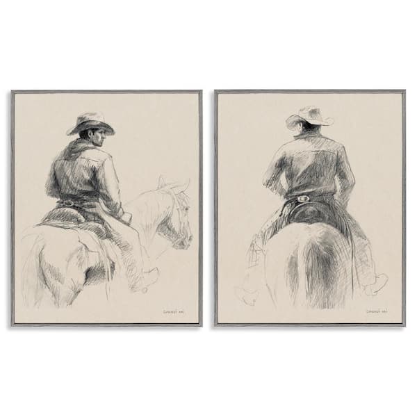 Stupell Industries Sketched Cowboy on Range by Danhui Nai 2-Pieces Gray Framed People Giclee Art Print 14 in. x 11 in.