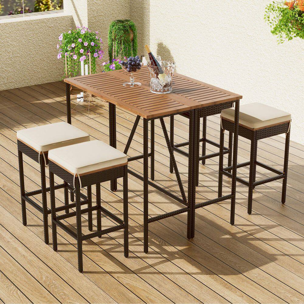 5-Piece Acacia Wood Outdoor Serving Bar Set with PE Rattan Wicker Dining Table and Four Stools with Cushions in Beige