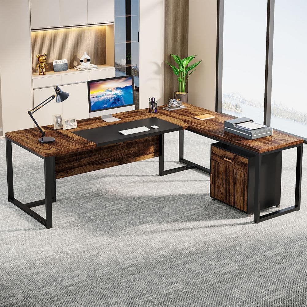 71'' Rustic Brown and Black L-Shaped Desk with Mobile File Cabinet