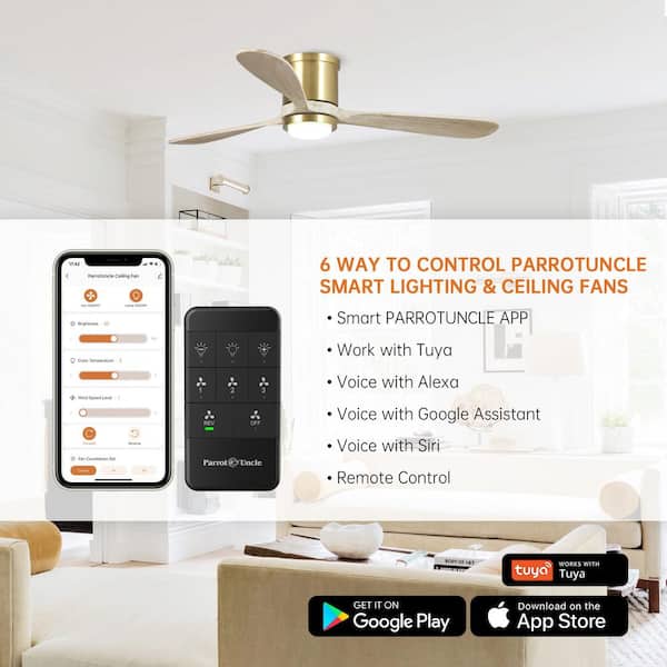 52 in. Indoor Integrated LED Sand Gold Flush Mount Smart Ceiling Fan w/ Light and Remote, Works w/ Alexa and Google Home