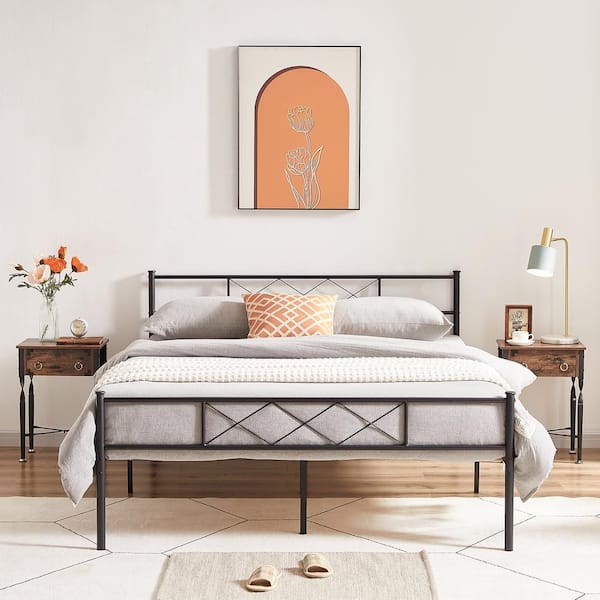 Queen Size Metal Bed Frame 60 in. W Metal Platform Bed Headboard and Footboard Metal Slat Support Black Bed Frames