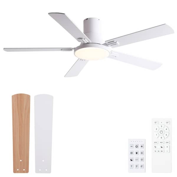 Thalion 52 in. Indoor/Outdoor Matte White Integrated LED Flush Mount Ceiling Fan With Remote and Dual-Finish Blades