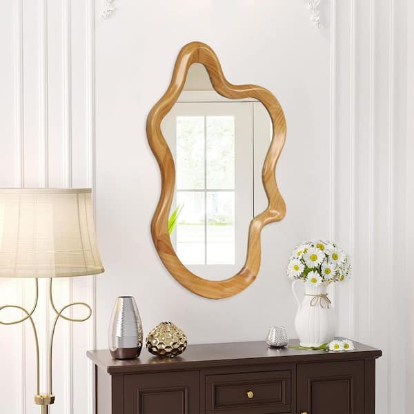 Brown 22 in W x 33.5 in H Farmhouse Irregular Shaped Wood Framed Wall Mirror, Decorative Bathroom Vanity Mirror