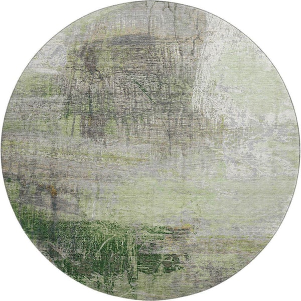 Mayfield Premium Machine Washable Abstract AMF2117 Aloe 8 ft. x 8 ft. Round Rug