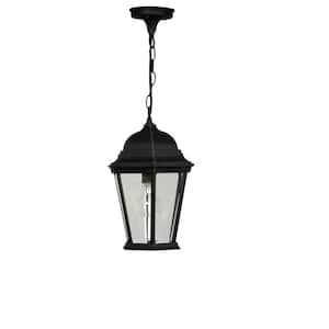 Straight Glass Cast 14.5 in. 1-Light Black Finish Dimmable Outdoor Pendant Light with Beveled Glass, No Bulb Included