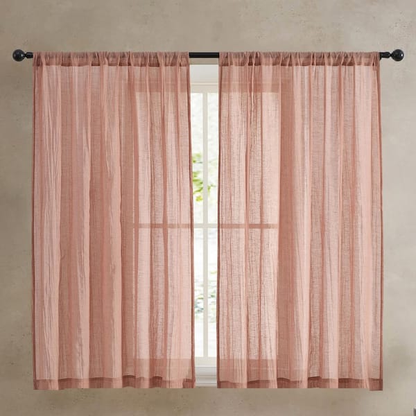 French Connection Charter Rust Faux Linen Solid 50 in. W x 63 in. L Easy Care Rod Pocket Indoor Sheer Curtain (Set of 2 Panels)