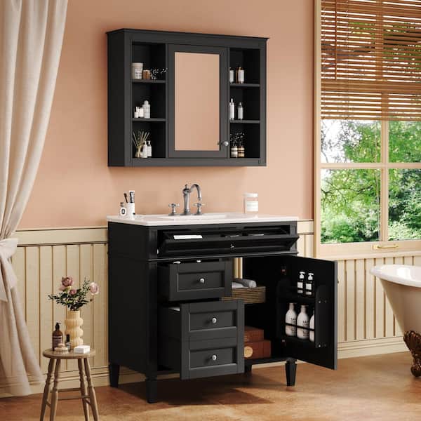 36 in.W Freestanding Bathroom Vanity Black Solid Wood Storage Cabinet with Mirror Cabinet, Ceramic Sink