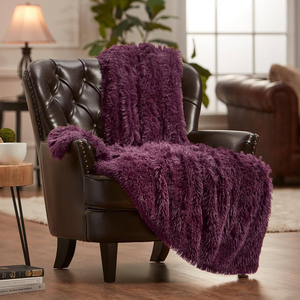 タグ付き　未使用　ブルーフォックス　ラビット　ファー　ポンチョ　ボンボン　ｙ2ｋ CHANASYA Solid Aubergine Shaggy Faux Long Fur Polyester Throw