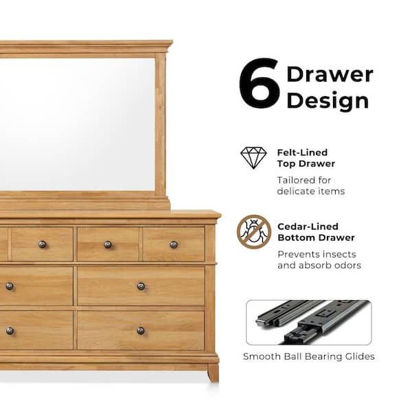 Furniture of America Zeller Natural Oak Rubberwood 6 -Drawer 62-in W Standard Dresser With Mirror one_size in Brown | IDF-N7706NT-DM