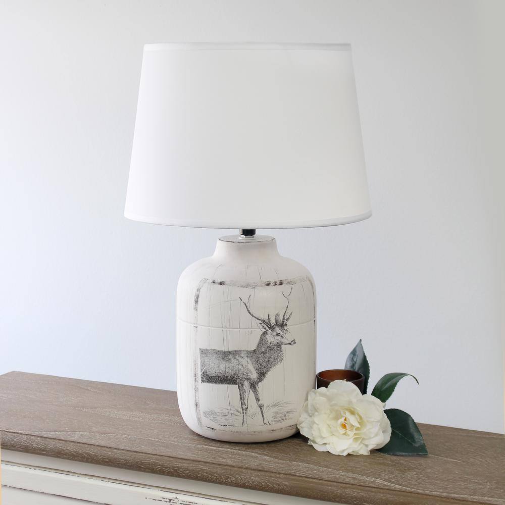 White Ceramic Deer Print Nightstand Lamp with Linen Shade