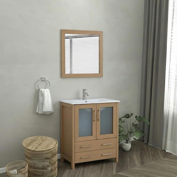 30 in. W x 18 in. D x 36 in. H Natural Oak Bath Vanity with White Ceramic Top and Mirror