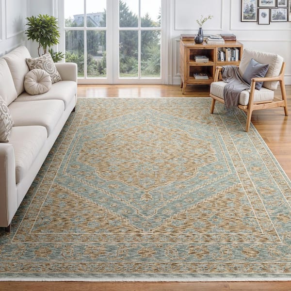 Eclipse Beige/Blue Doormat 3 ft. x 5 ft. Center Oriental Medallion Polyester Fringe-Edge Indoor Area Rug