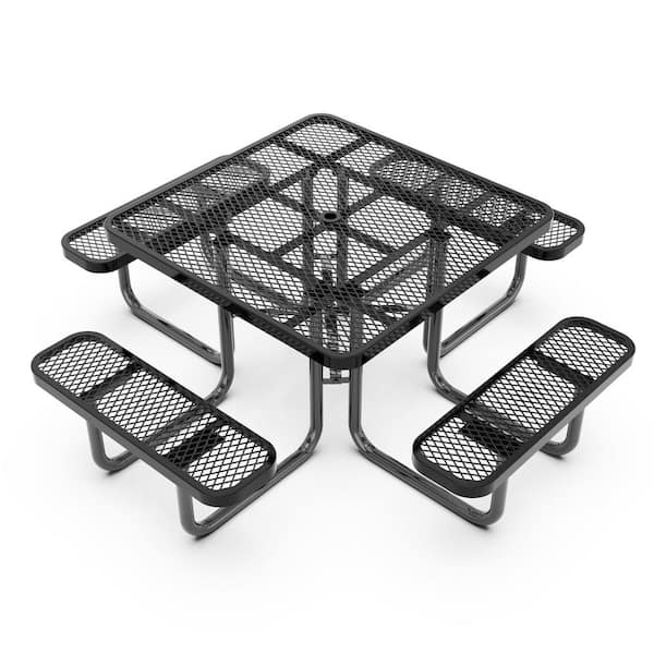 Carnegy Avenue Creekside 79.75 in. Black Square Steel Picnic Tables Seat of 4 with Umbrella Hole Gauge Expanded Metal Mesh Top