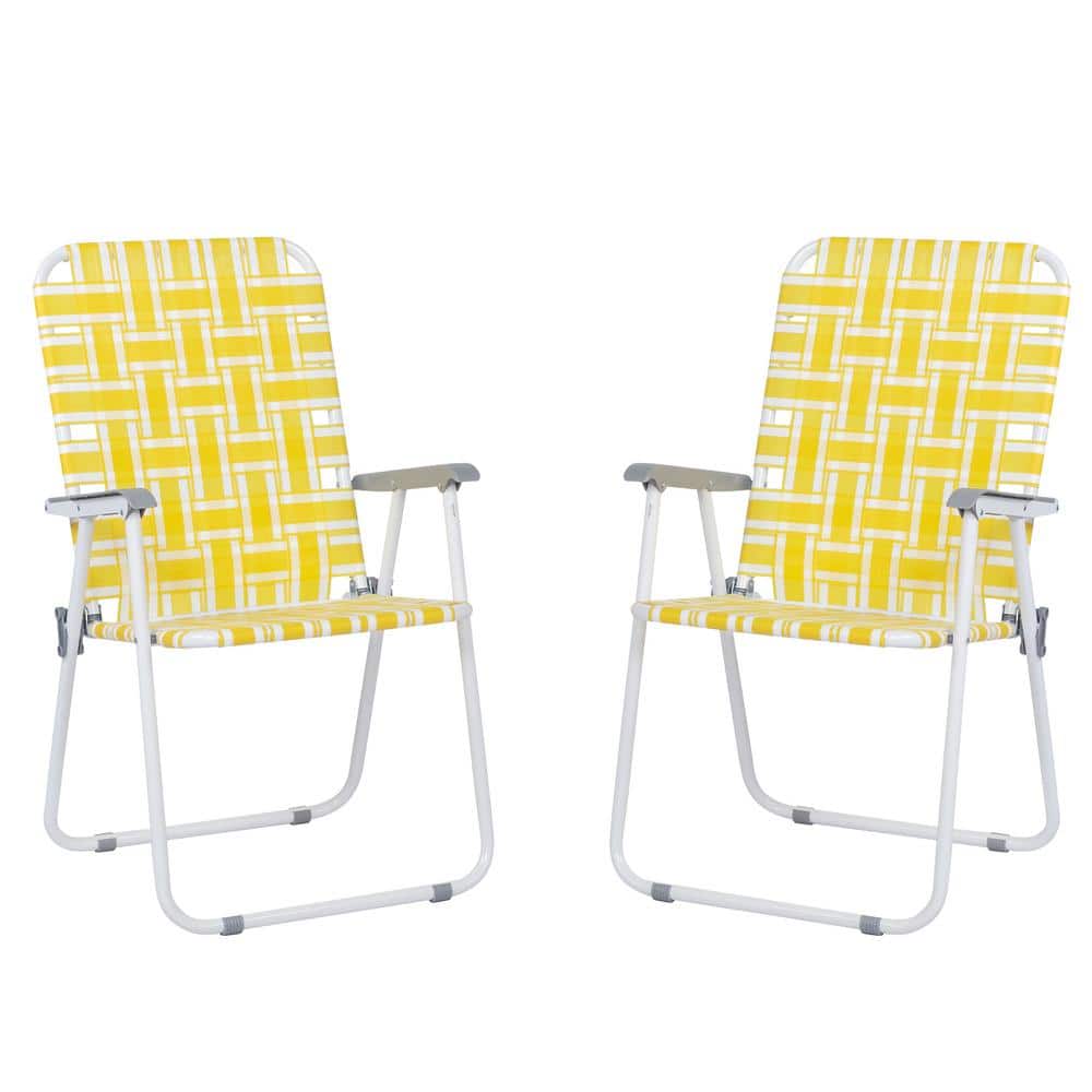 Yellow and White Steel Frame Folding Beach Chairs, Set of 2