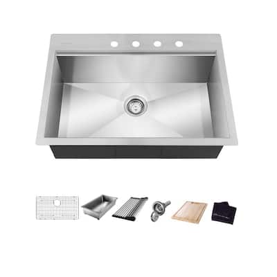 Zero Radius Drop-in 18G Stainless Steel 27 in. 4-Hole Single Bowl Workstation Kitchen Sink with Accessories