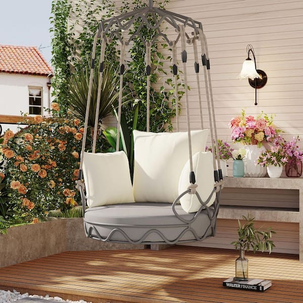 Outdoor Metal Patio Swing Porch Hanging Basket Chair with UV Resistant Olefin Fabric Beige Cushion