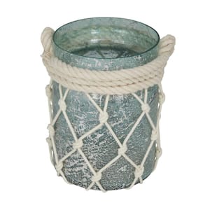 14 in. H Teal Glass Decorative Candle Lantern with Rope Handle