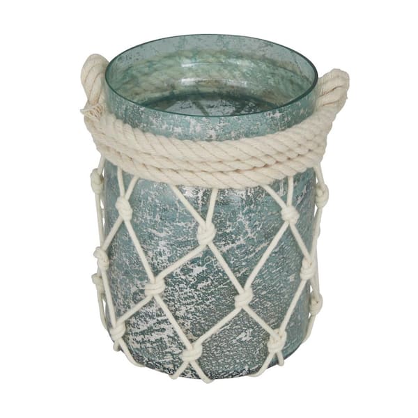 Litton Lane 14 in. H Teal Glass Decorative Candle Lantern with Rope Handle