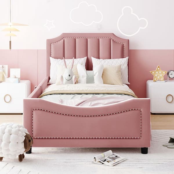 Pink Twin Size Daybed with Classic Stripe Shaped Headboard
