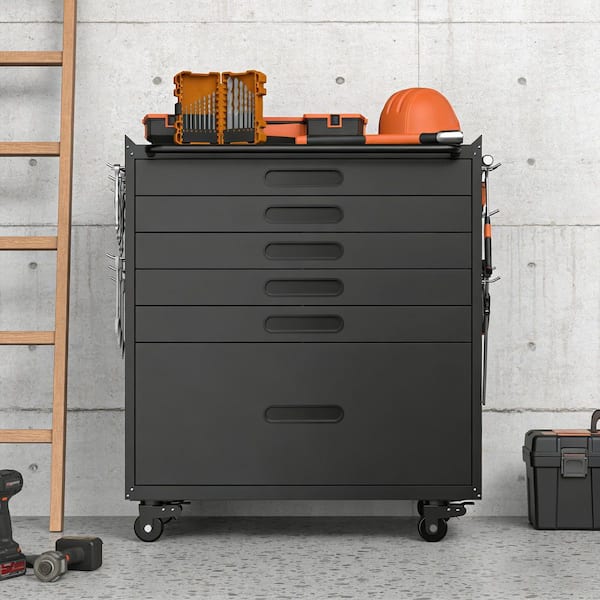 Black 34.3 in. 6-Drawer Metal Tool Storage Cabinet on Wheels for Garages, Warehouses, Repair Shops