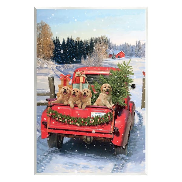 Stupell Industries Puppies in Holiday Truck by Jason Kirk 1-Piece Unframed Graphic Print Travel Poster Art Print 19 in. x 13 in.