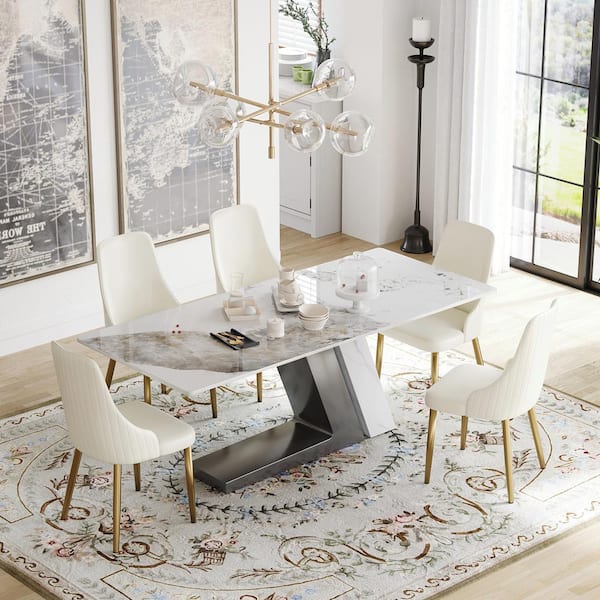 J&E Home 78.7 in. White Sintered Stone Tabletop Dining Room Table